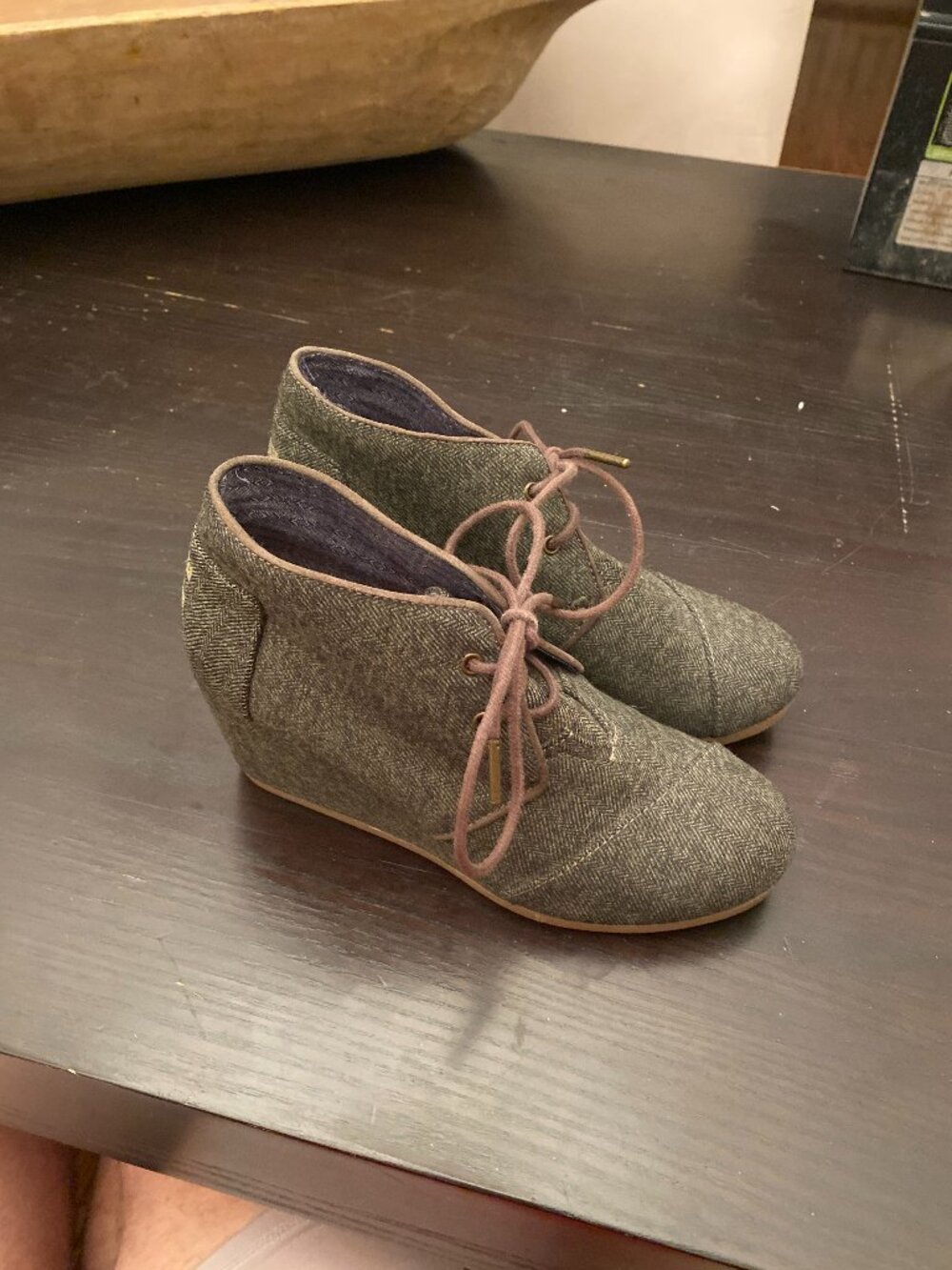 Toms Desert Wedge Bootie Womens 7.5 Olive Herringbone Lace Up Sneaker Shoes